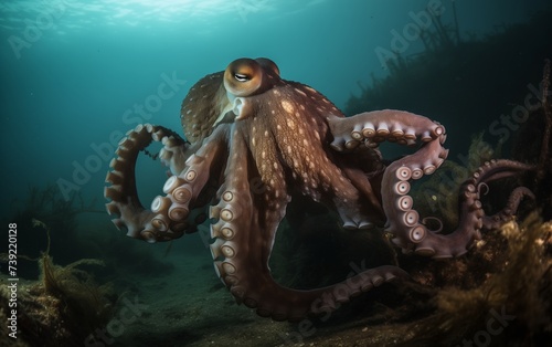 octopus swims in the open ocean underwater