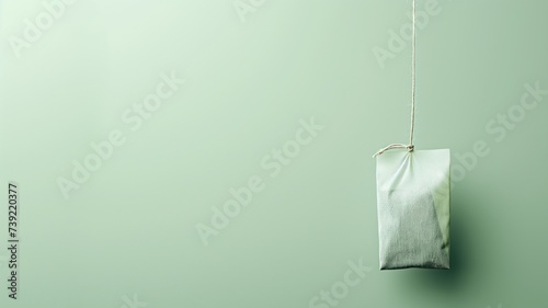 Teabag on a string against a green background