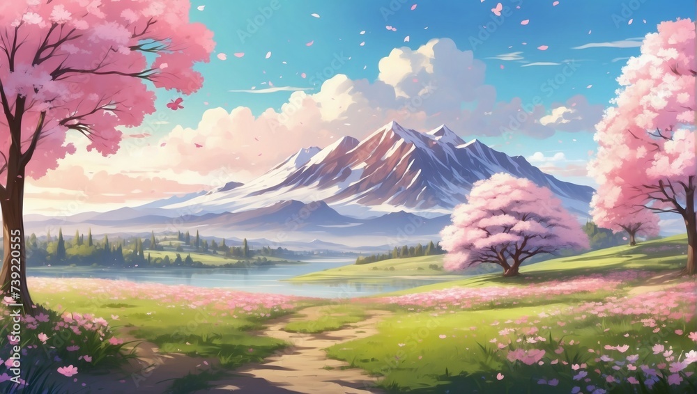 Anime-inspired artwork featuring a serene meadow with cherry blossoms in full bloom. 