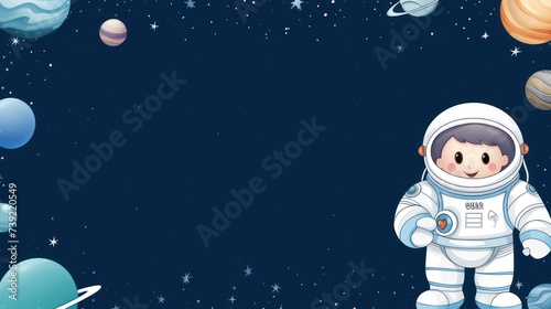 Astronaut cartoon illustration, greeting card template text copy space design. Childern theme. 