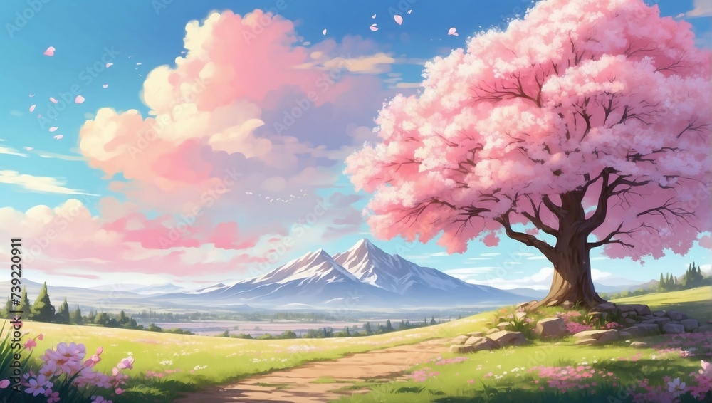 Anime-inspired artwork featuring a serene meadow with cherry blossoms in full bloom.