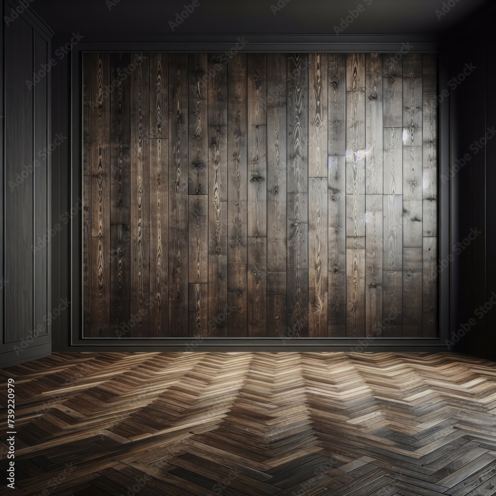 Dark wooden wall raised paneling background with parquet floor. Mock up room. - obrazy, fototapety, plakaty 