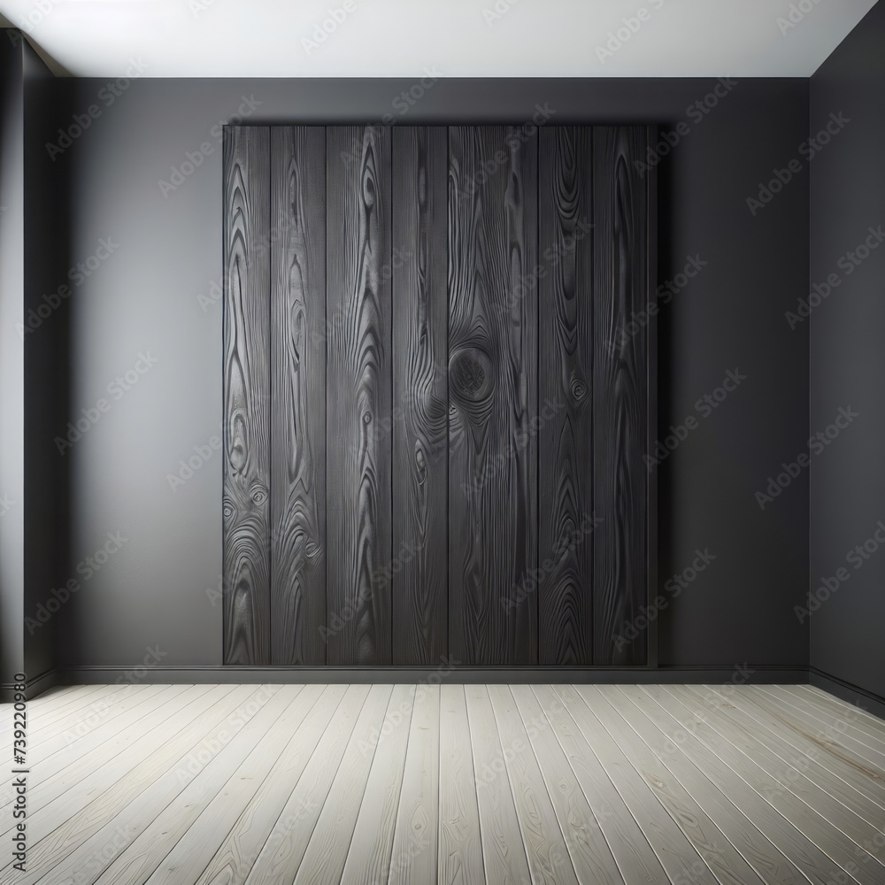 Black wooden wall raised paneling background with parquet floor. Mock up room. - obrazy, fototapety, plakaty 