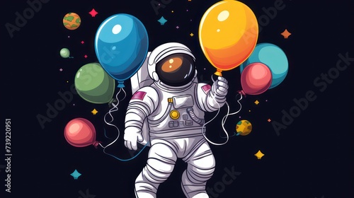 Children's cartoon astronaut themed birthday greeting card illustration design. Copy space text template.	