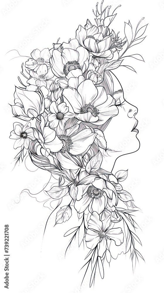 Beautiful woman face with floral outlines. Drawing with lines. Tattoo sketch