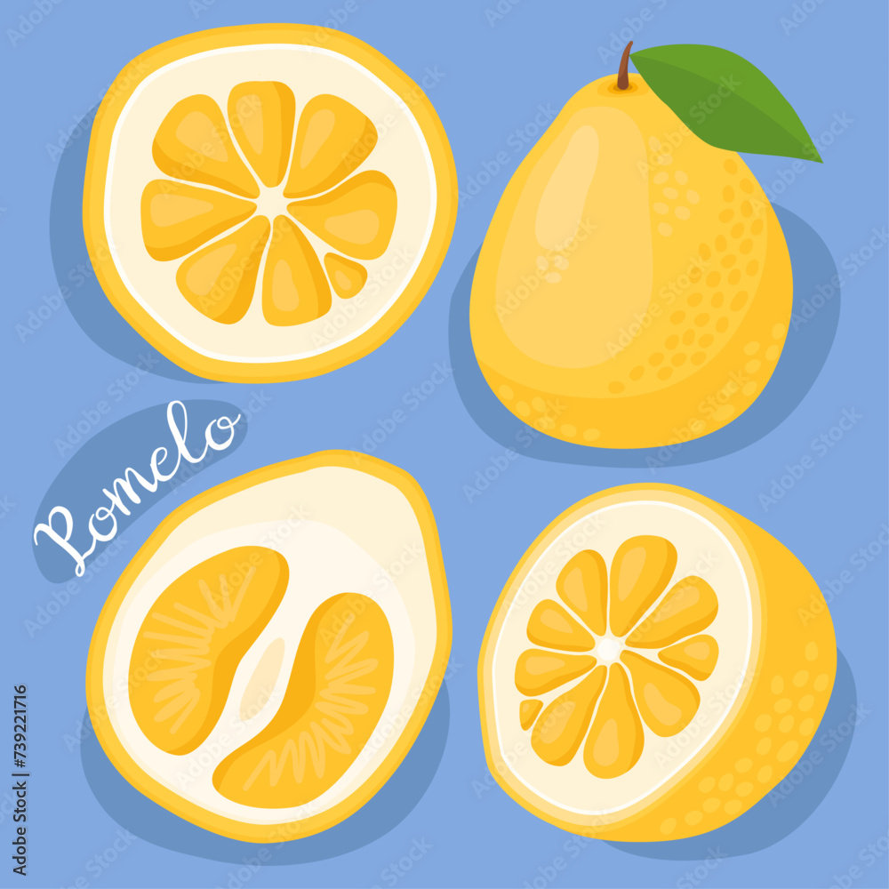 Pomelo. Half, slice and whole. Fresh, ripe, yellow pomelo. Organic fruit, citrus. Pomelo. Half, slice and whole. Fresh, ripe, yellow pomelo. Organic fruit, citrus.