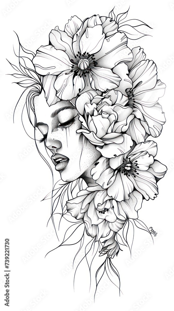 Beautiful woman face with floral outlines. Drawing with lines. Tattoo sketch Beautiful woman face with floral outlines. Drawing with lines. Tattoo sketch