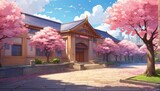 Artistic anime depiction of a school courtyard adorned with vibrant cherry blossoms. 