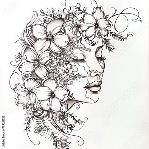 Beautiful woman face with floral outlines. Drawing with lines. Tattoo sketch