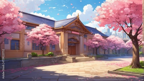 Artistic anime depiction of a school courtyard adorned with vibrant cherry blossoms. 