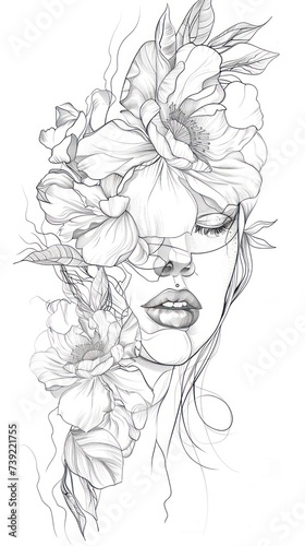 Beautiful woman face with floral outlines. Drawing with lines. Tattoo sketch