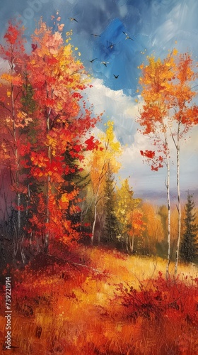 A landscape painting showcasing the vibrant colors of autumn