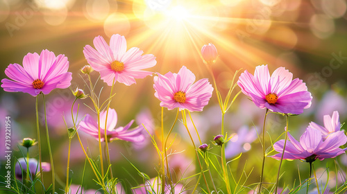 Pink cosmos flowers are blooming surrounded by green nature and golden sun.