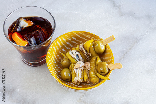 Spanish vermouth, tapa Gilda with chilli ,olive and anchovies