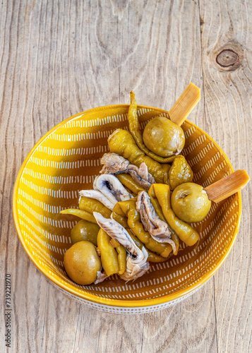 Spanish tapa Gilda with chilli olive and anchovies