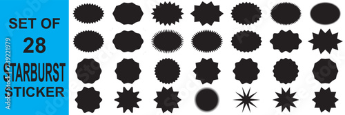 Star burst stickers. Used in Discount promo stamps. Circle, round splash badges. Black tag product labels. Set starburst shapes isolated on white background. Flat illustration. EPS 10