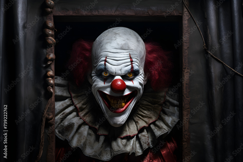 Clown Photo Banner - Brace Yourself for the Ominous Gaze and Bone-Chilling Presence. - obrazy, fototapety, plakaty 