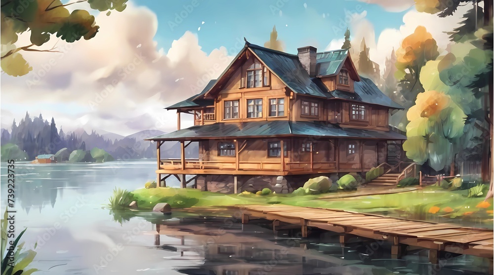Beautiful wooden house on the lake. Cartoon watercolor painting illustration style. Fantasy sky with colorful smoke. Suitable for Wallpaper.