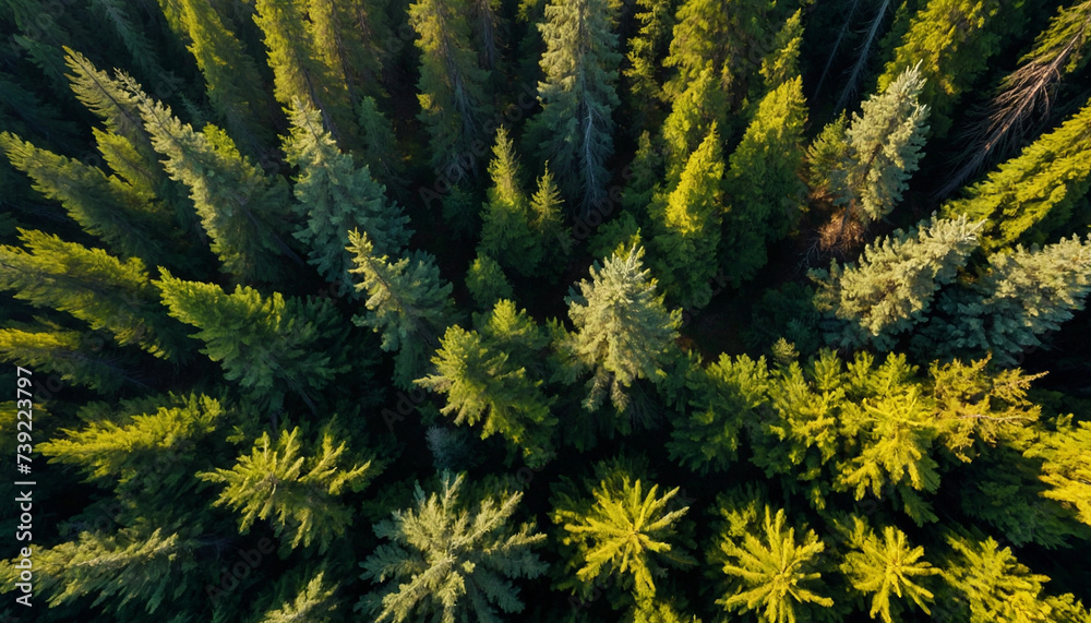 Fototapeta premium Spruce landscape from a breathtaking aerial perspective showcase the symmetrical patterns of the dense forest canopy, with sunlight filtering through in golden shafts 