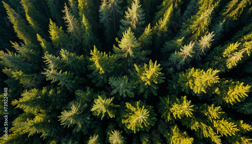 Spruce landscape from a breathtaking aerial perspective showcase the symmetrical patterns of the dense forest canopy  with sunlight filtering through in golden shafts 