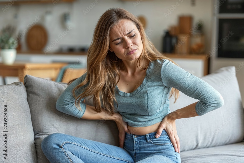 Young Woman Suffering From Back Pain at Home Young Woman Suffering From Back Pain at Home