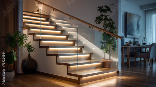 A trendy wooden staircase with clear glass balustrades, softly lit by LED strips beneath the handrails, in a well-designed, stylish home. © usman
