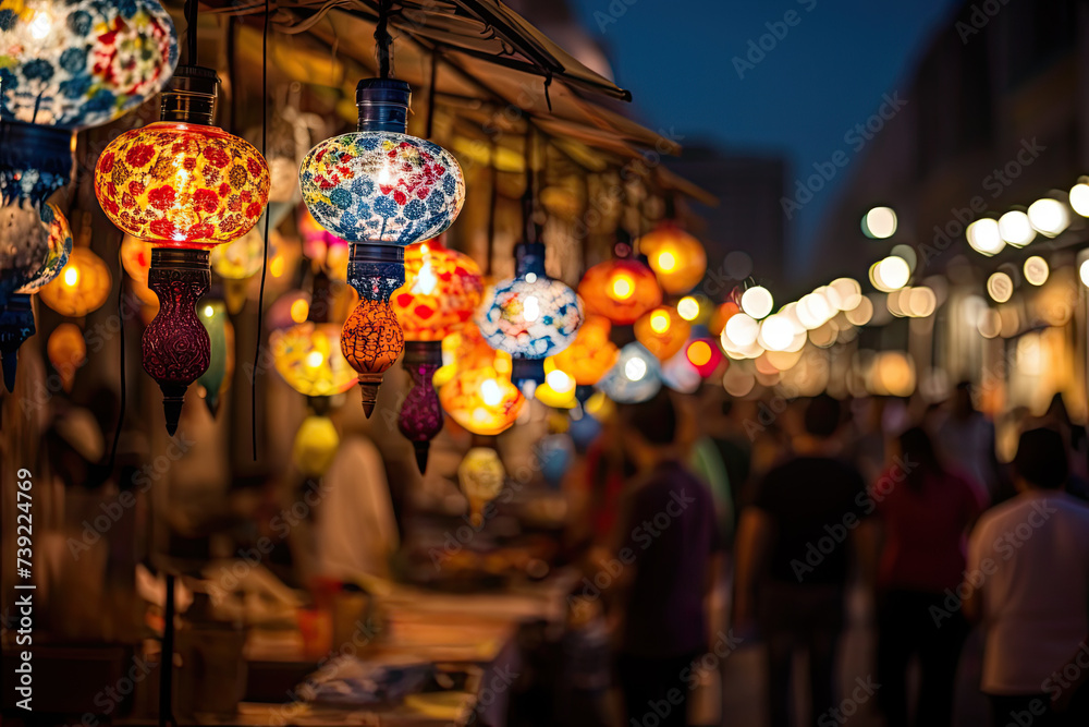 Fototapeta premium Ramadan bazaar sparkles: Lanterns weave magic, vibrant lights dance, lively celebration beneath starlit canopy