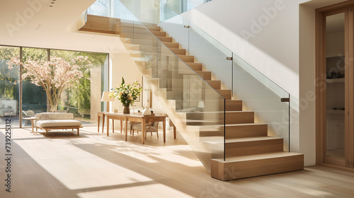 A wide, elegant light oak staircase with glass railings, set in a spacious, sun-drenched room with minimalist design.