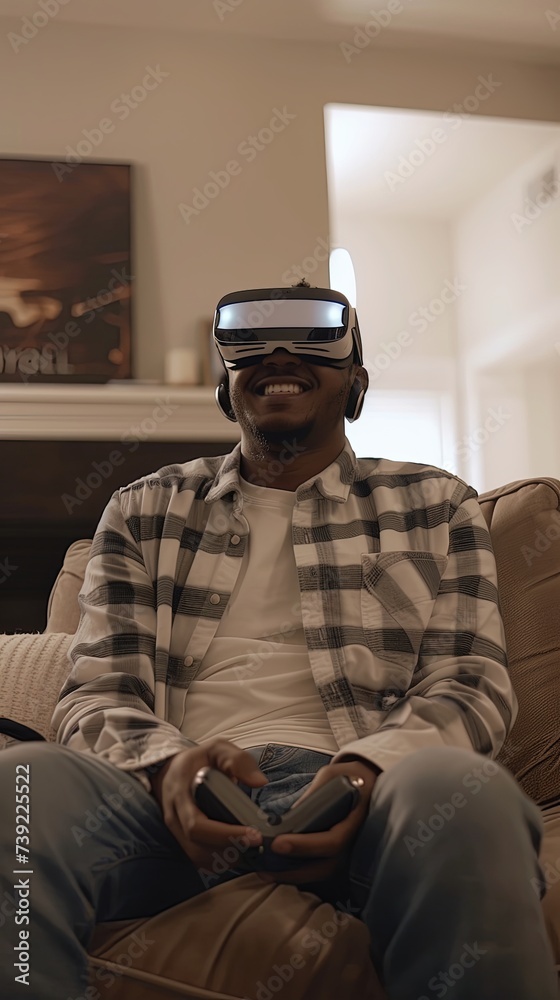 Vertical portrait of black man wearing VR glasses at home.