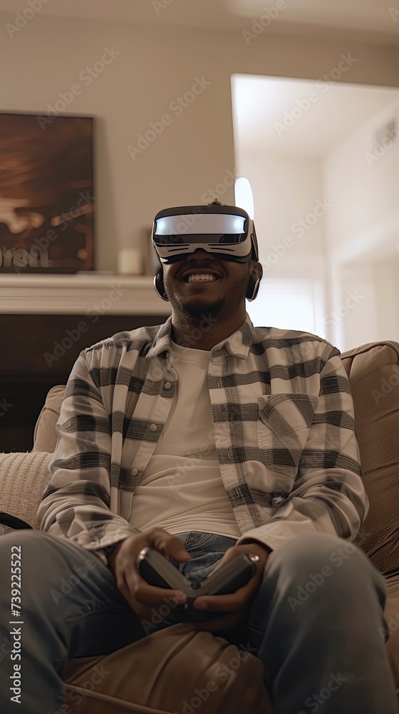 Vertical portrait of black man wearing VR glasses at home. Vertical portrait of black man wearing VR glasses at home.