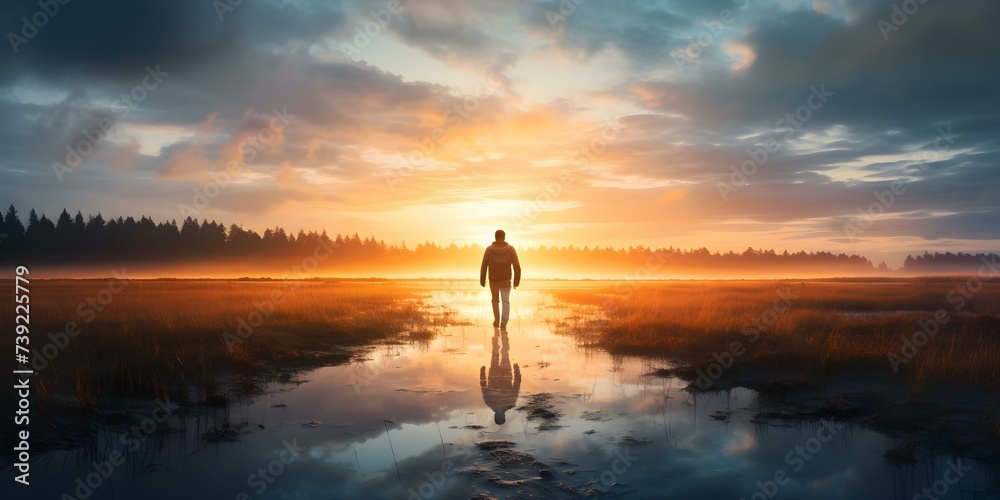 One person captivated by a mesmerizing sunrise over a tranquil marsh. Concept Nature Photography, Sunrise Captures, Tranquil Landscape, Inspirational Moments, Outdoor Serenity