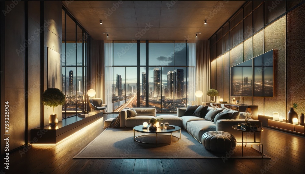 Modern living room at dusk, minimalist design with city skyline view