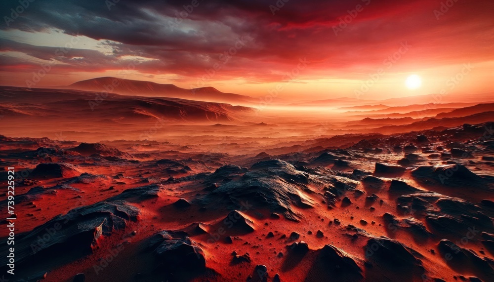 Martian landscape at sunset, with red and orange sky Martian landscape at sunset, with red and orange sky