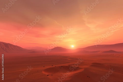 Martian landscape at sunset, with red and orange sky