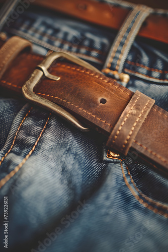 Vintage Leather Belt on Denim Jeans Close-Up