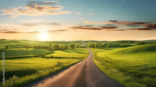 Road illustration, aerial view of road curves around beautiful scenery © ma