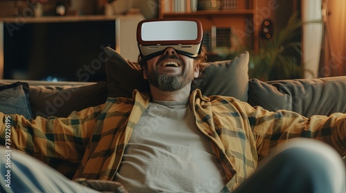 White man with virtual reality headset on chouch. photo