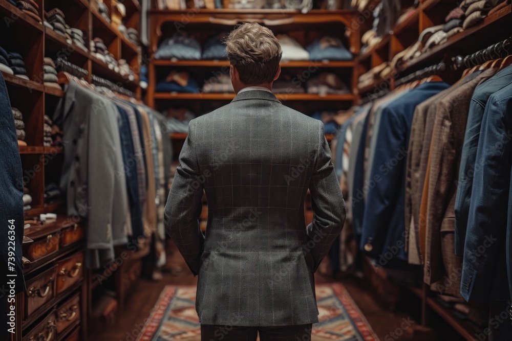 Dapper Gentleman Browsing Through an Elegant Menswear Store Full of Suits and Accessories Dapper Gentleman Browsing Through an Elegant Menswear Store Full of Suits and Accessories