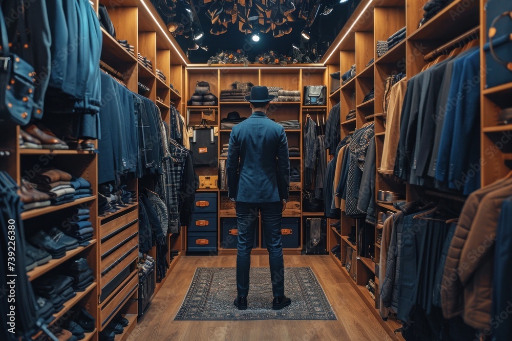 Dapper Gentleman Browsing Through an Elegant Menswear Store Full of Suits and Accessories Dapper Gentleman Browsing Through an Elegant Menswear Store Full of Suits and Accessories