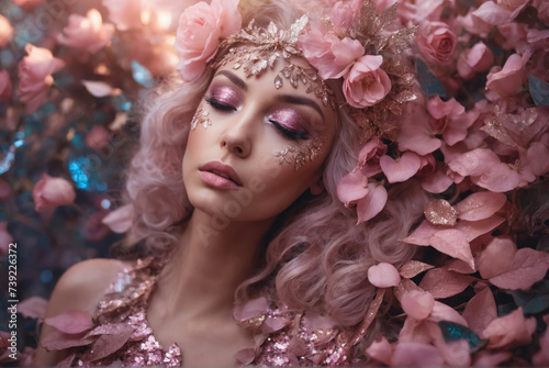 Fantasy girl in pastel colors with Glitter, Flowers and butterflies. AI generated 