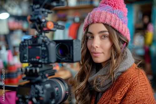 Young Female Vlogger Recording a Beauty Segment photo