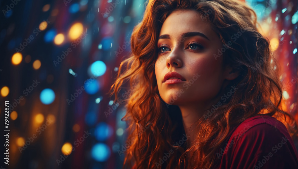 Beautiful young woman looking up on colorful lights bokeh. AI generated