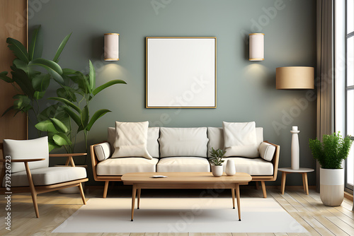 Warm and Cozy Composition of spring living room interior with mock-up poster frame, wooden sideboard, white sofa, green stand, base with leaves, plants, and stylish lamp, Home Decor Generative © Rana