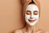 Attractive cheerful Smiling young woman applying face mask skin healthy and treatment therapy in fornt of bathroom mirror morning freshness lifestyle. Cosmetics and care