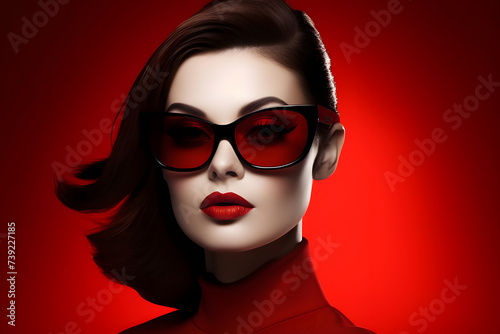 Stylish Eyewear Advertisement - A Confident Young Woman Showcasing Impeccable Fashion against a Sleek, Modern Background.