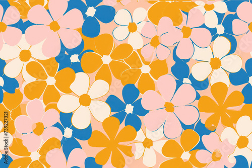 Floral Delight: A Retro Modern Daisy Tile Illustration in Pretty Pink, Yellow, and Orange Tones, Creating a Feminine and Romantic Atmosphere on a Simple, Colorful Background