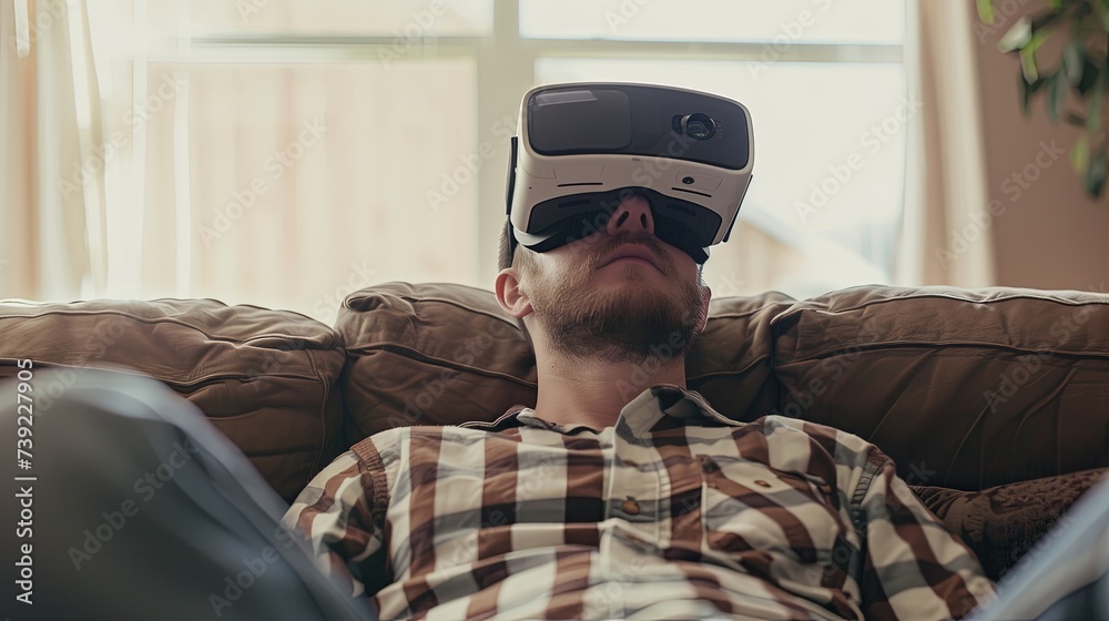 Portrait of caucasian wearing VR glasses at home. Portrait of caucasian wearing VR glasses at home.