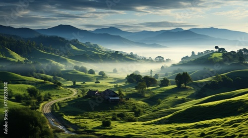 Rolling green hills of the countryside at sunrise, mist hovering in the valleys, a small farm visible in the distance, capturing the serene beauty of