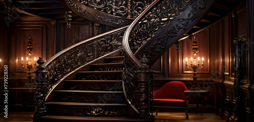 An elegant, narrow spiral staircase made of dark wood, featuring intricate ironwork, suitable for a refined interior.