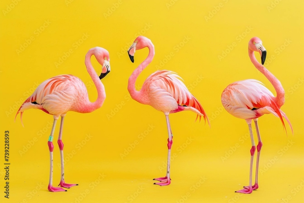 Three pink Flamingos Isolated on Yellow - Vibrant Avian Trio, Tropical Elegance, Isolated Beauty in a Radiant Display of Nature's Grace